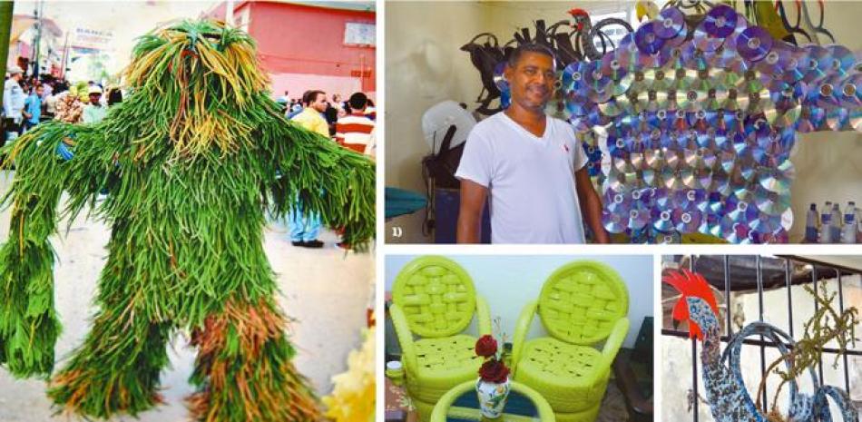Ingenio. Los disfraces de Roberto, como este con hojas de pino, figuran siempre entre los primeros lugares en las premiaciones del carnaval de Cotuí.  Reciclaje. 1) Este año, el traje de carnaval de Roberto Taveras está elaborado con montones de CD. 2) y 3 ) Taveras convierte las gomas viejas en coloridos sillones, mesas y maceteros. “Una gran inversión -sonríeporque no tienen acabadera”.