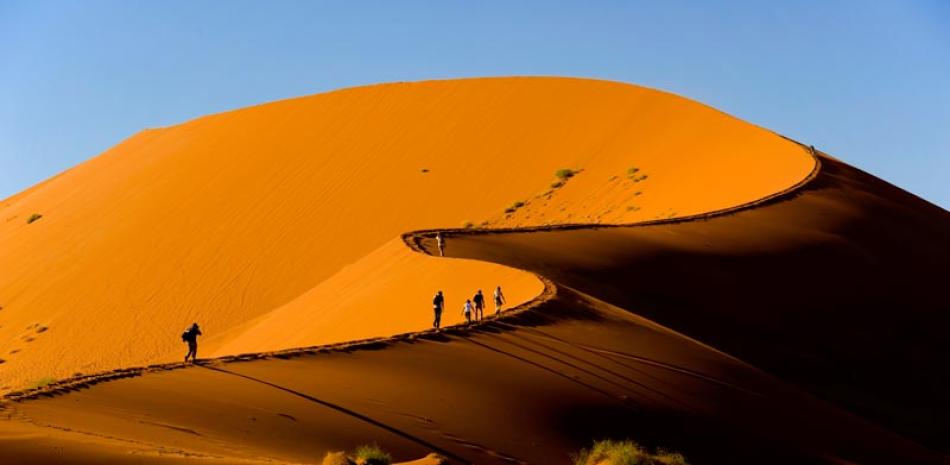 Arena. La luz del sol viste de amarillo la duna 45 del desierto central de Namib, en el salar de Sossusvlei. Esta la duna favorita de los visitantes.
