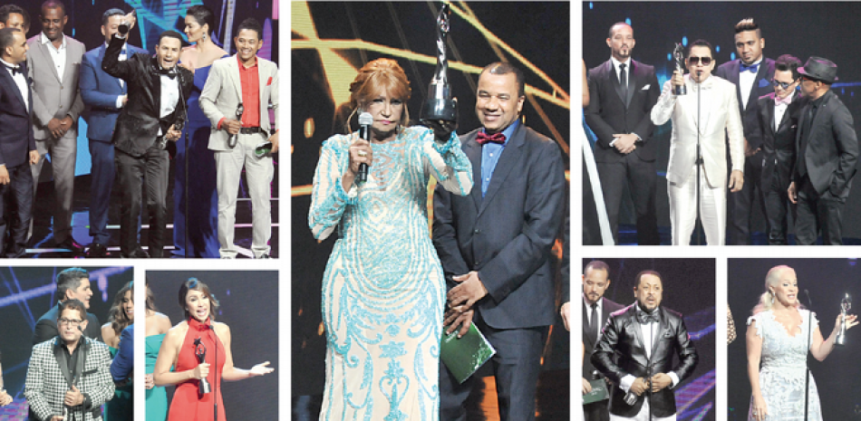 Ceremonia. Fueron muchos los mensajes que se escucharon la noche del martes cuando algunos ganadores recibieron sus premios por primera vez, como Diomary La Mala. En las fotos, Raulín Rodríguez, Iván Ruiz, Mariasela Álvarez, Fefita la Grande, Rafa Rosario, Michael Miguel Holguín y Míriam Cruz.