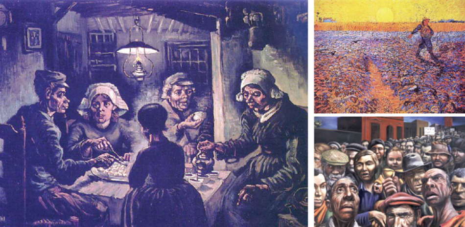 Piezas. Para 1885, Vicent Van Gogh retrató la miseria de los campesinos, la cual inmortalizó en su obra: “Los comedores de papa”. A la derecha, en la parte superior, otra pieza del autor titulada: “El Sembrador”. Debajo “Desocupados” (1934) del argentino, Antonio Berni.