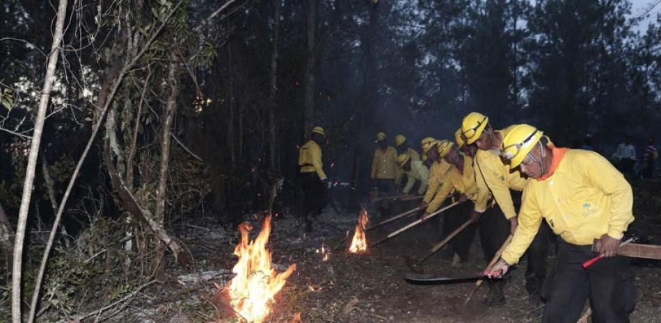Brigadas del Ministerio de Medio Ambiente combaten el incendio forestal en la Sierra de Bahoruco.