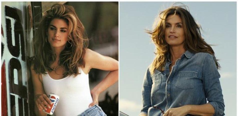 Una combinacion de fotografías proporcionada por Pepsi muestra a la actriz y modelo Cindy Crawford en una escena de su icónico comercial de Pepsi para el Super Bowl de 1992, izquierda, y una escena de su comercial de 2018 que se estrenará en el Super Bowl LII el 4 de febrero. En el nuevo anuncio también se puede ver su hijo Presley Walker Gerber e imágenes del memorable comercial de Michael Jackson para Pepsi. (Pepsi vía AP