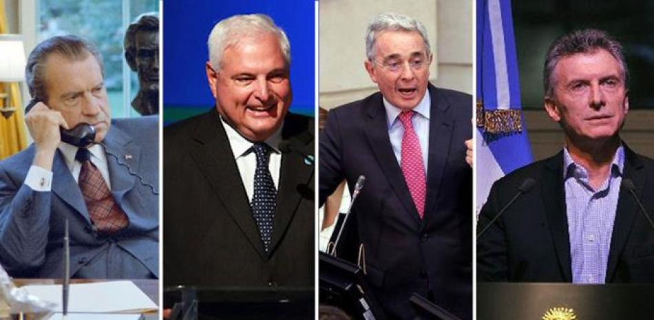 Richard Nixon, Ricardo Martinelli, Álvaro Uribe y Mauricio Macri, gobernantes señalados como beneficiarios en casos de escuchas telefónicas ilegales . CASA BLANCA Y EFE.