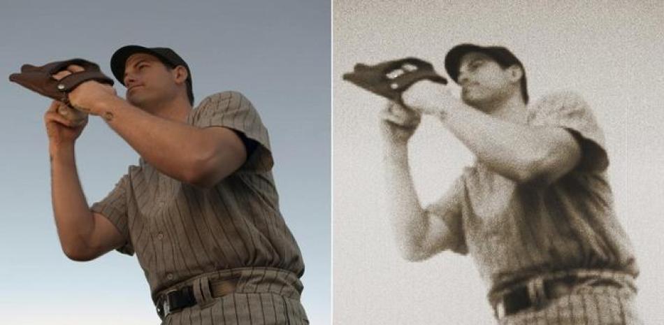 A la izquierda Adam Ottavino, de los Yankees, en la imagen original para un anuncio en que finge lanzar frente a Babe Ruth. A la derecha, la misma imagen, editada mediante software.