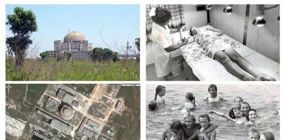 Combo de 4 fotografías sin fechar y cedidas este viernes por Cuba Debate, que muestra una vista aérea (i-abajo) y otra general (i-arriba) de la construcción del edificio de la Central Nuclear de Jaragua, en la provincia de Cienfuegos, y por otro lado, se muestran dos imágenes de niños del programa de atención a familias de Chernobil, los cuales son tratados por un médico (arriba-d) y mientras se bañan (abajo-d) en la zona de Tarara (Cuba). EFE/ Cubadebate