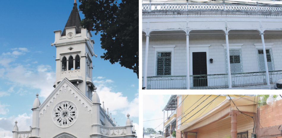 En sentido de las manecillas del reloj: la catedral de San Pedro Apóstol, edificación de la calle Duarte y un modelo de vivienda en San Pedro de Macorís. ONELFI POURIET Y KAREN VÁSQUEZ
