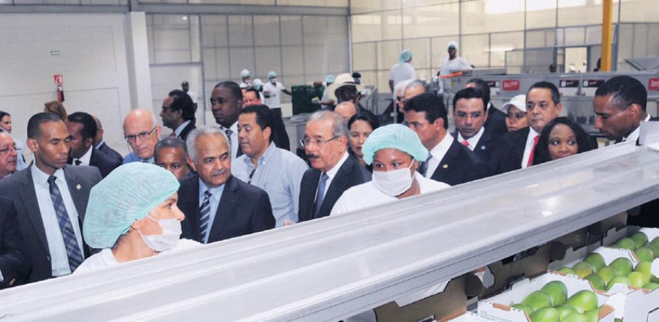 Osmar Benítez y el presidente Danilo Medina durante una visita a la empacadora de mangos. FUENTE EXTERNA
