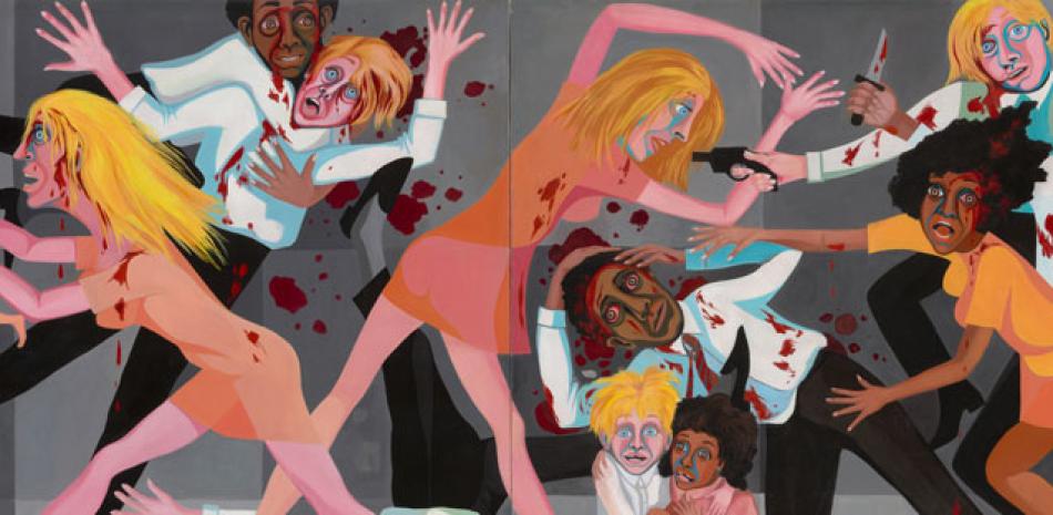 1. Faith Ringgold. “American People Series # 20: Die”. 1967, óleo sobre tela, 77 x 144 pulgs. Museo de Arte Moderno, New York, 5to piso (503). USA. Colección: Galerías Alfred H. Barr, Jr.