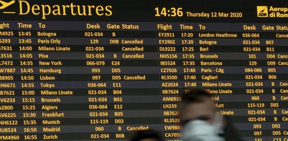 Personas caminan frente a una pantalla de salidas en el aeropuerto internacional Leonardo da Vinci en Roma, el jueves 12 de marzo de 2020. (AP Foto/Andrew Medichini, Archivo)