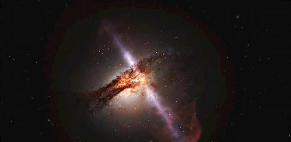 Un núcleo galáctico activo, o cuásar, alberga un agujero negro con un disco de acumulación de materia en órbita alrededor y dos chorros de plasma emitiendo hacia afuera - ESA/HUBBLE, L. CALÇADA (ESO)