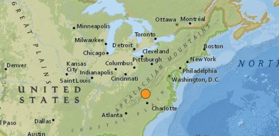Un terremoto de magnitud 5.1 sacudió este domingo los e stados de Carolina del Norte, Carolina del Sur, Virginia, Tennessee y Georgia (EE.UU.)/ USGS