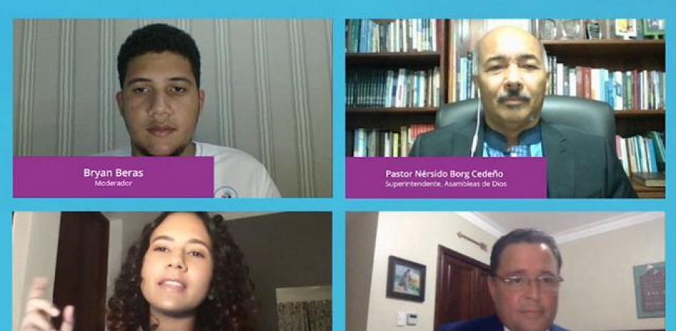Los jóvenes Bryan Beras y Yissella Meléndez (ambos en la columna de la izquierda) moderaron el panel interconfesional transmitido en vivo por Facebook. FOTO: CORTESÍA DE LOS ORGANIZADORES