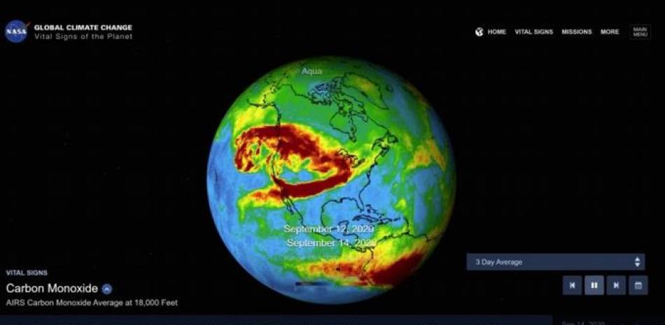 Las áreas roja y naranja indican regiones con concentraciones extremadamente altas de monóxido de carbono. NASA/JPL-CALTECH