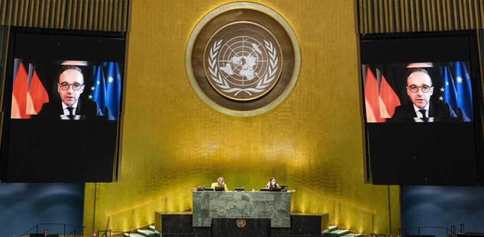 En esta imagen, distribuida por Naciones Unidas, el ministro de Exteriores de Alemania, Heiko Maas, en un discurso pregrabado en la 75ta edición de la Asamblea de Naciones Unidas, el 29 de septiembre de 2020, en la sede de la ONU, en Nueva York. (Rick Bajornas/UN Photo via AP)
