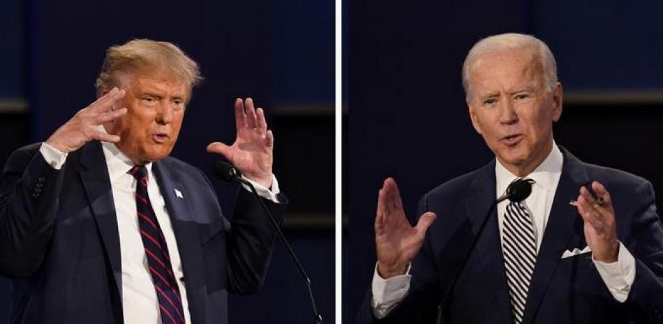 Combinación de fotos del presidente Donald Trump y del exvicepresidente Joe Biden durante su primer debate hacia las elecciones presidenciales de noviembre, el martes 29 de septiembre de 2020, en Cleveland, Ohio. (AP Foto/Patrick Semansky).