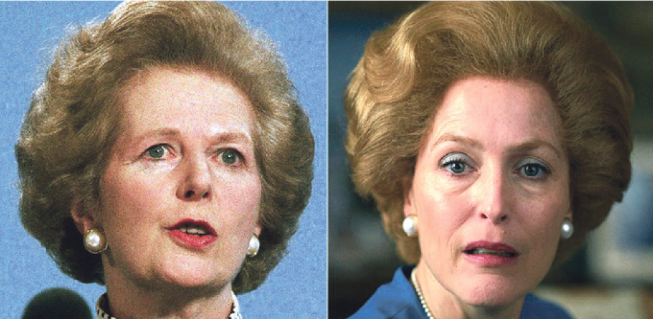 Gillian Anderson como Thatcher en una escena de “The Crown”, a la derecha, y Margaret Thatcher (en la foto de la izquierda) en 1989.