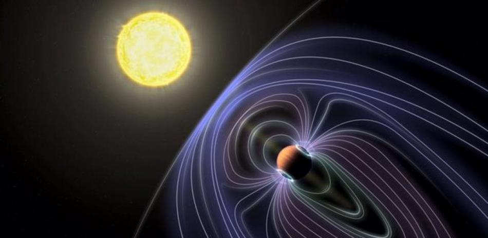 En esta representación artística del sistema Tau Boötes b, las líneas que representan el campo magnético invisible se muestran protegiendo al planeta Júpiter caliente del viento solar. 

Foto: JACK MADDEN/CORNELL UNIVERSITY