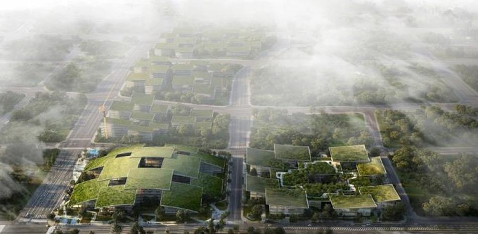 Vista aérea del centro tecnológico Cloud Valley, en AI City, recreado informáticamente por Lucian R. Foto: Bjarke Ingels Group (BIG).