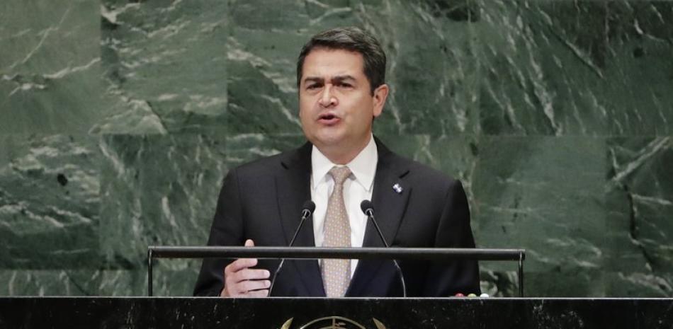 El presidente de Honduras, Juan Orlando Hernández, habla ante la Asamblea General de Naciones Unidas , en Nueva York, el 26 de septiembre del 2018.

Foto: AP/Frank Franklin II