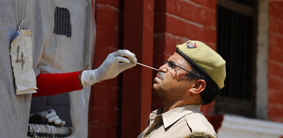 Un sanitario toma una muestra nasal a un policía para una prueba de detección del COVID-19 en Prayagraj, India, el 8 de mayo de 2021.

Foto: AP/Rajesh Kumar Singh
