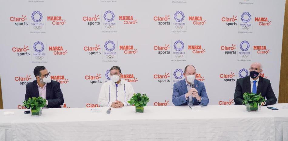 Los señores Manuel Luna, Francisco Camacho, Omar Acosta y Antonio Acosta, durante una conferencia de prensa por la vía digital, donde dieron detalles de las transmisiones que la empresa Claro Sports llevará a cabo durante los Juegos Olímpicos de Tokio.