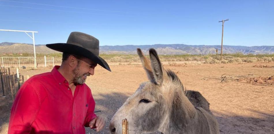 Couy Griffin, comisionado del condado Otero y creador de la organización Cowboys for Trump, cuida a su burro llamado Henry afuera de su casa en Tularosa, Nuevo México, el 12 de mayo de 2021. (AP Foto/Morgan Lee)