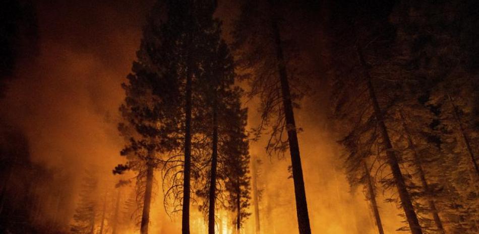 Unos miembros del Departamento Forestal y de Protección contra Incendios de California supervisan un operativo contra incendios, mientras las llamas arrasan con el bosque nacional de Lassen, el lunes 26 de julio de 2021. (AP Foto/Noah Berger)