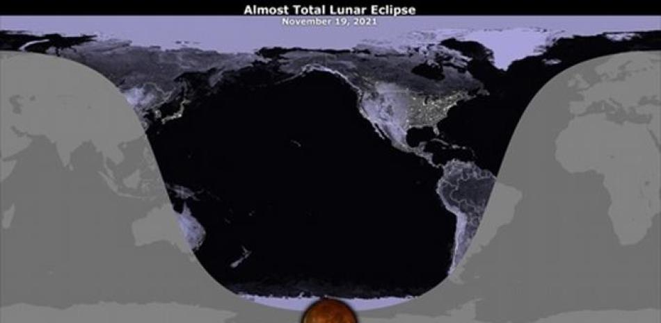 Un mapa que muestra la visibilidad del eclipse lunar parcial del 18 al 19 de noviembre de 2021.

Foto: NASA'S SCIENTIFIC VISUALIZATION STUDIO/EP
