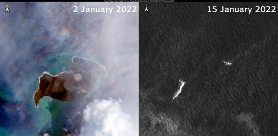 Imagen satelital de la isla del volcán Hunga Tonga antes y después del 15 de enero.

Foto: DG DEFIS/COPERNICUS/SENTINEL