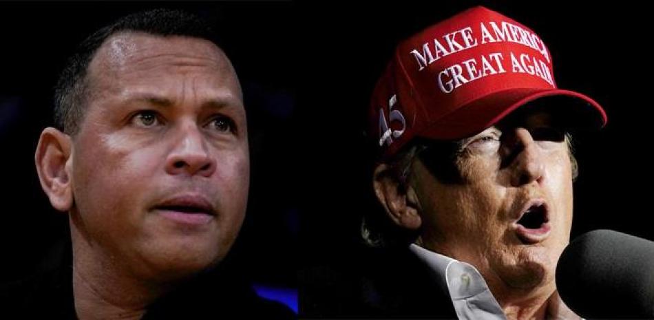 Esta combinación de fotos muestra al ex toletero Alex Rodríguez, a la izquierda, y al ex presidente Donald Trump.  (Foto AP/Jae C. Hong, Ross D. Franklin)