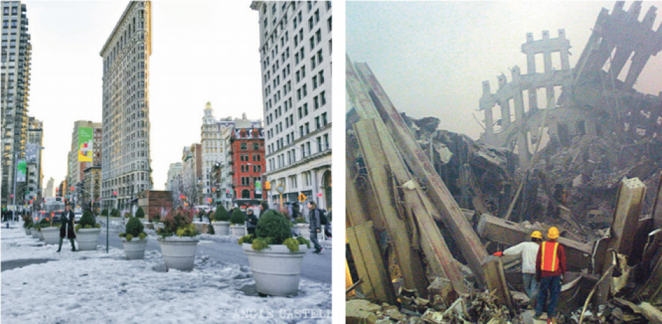 1) Invierno en Nueva York. 2) Escombros de las Torres Gemelas.