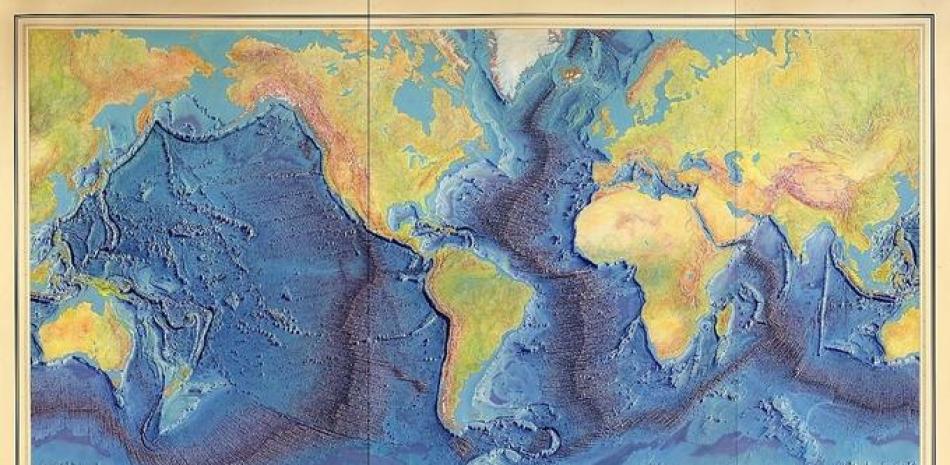 Pintura de la Dorsal Medio-Oceánica con el eje del rift por Heinrich Berann basada en los perfiles científicos de Marie Tharp y Bruce Heezen (1977). © AGU