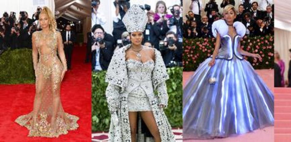 En esta combinación de fotografías, de izquierda a derecha, Beyonce en la Gala del Met el 4 de mayo de 2015, Rihanna en la gala el 7 de mayo de 2018, Zendaya y Lady Gaga en la gala el 6 de mayo de 2019 y Kim Kardashian en la gala el 13 de septiembre de 2021, en Nueva York.

Foto de AP.