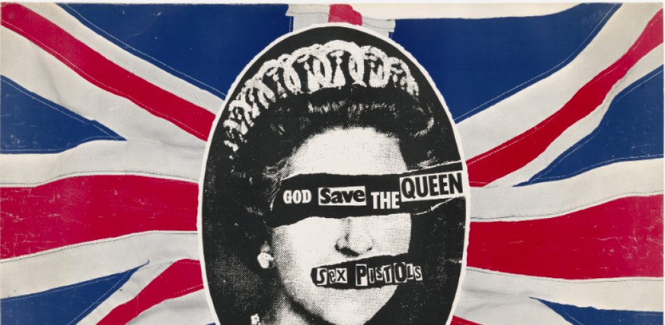 Jamie Reid, Sex Pistols, God Save the Queen (1977). © 2022 Jamie Reid Courtesy John Marchant Gallery, UK / MOMA.org