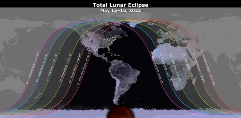 Franja donde será visible el eclipse total de Luna del 15-16 de mayo de 2022 - NASA GODDARD | EP