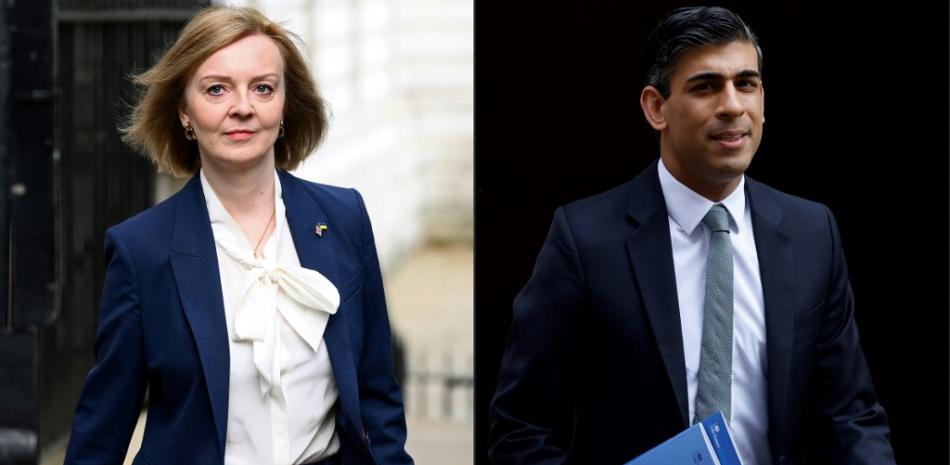Esta combinación de imágenes muestra a la ministra de Asuntos Exteriores británica, Liz Truss (izquierda) y al ministro de Hacienda británico, Rishi Sunak. Foto: Tolga Akmen/Daniel Leal/AFP.