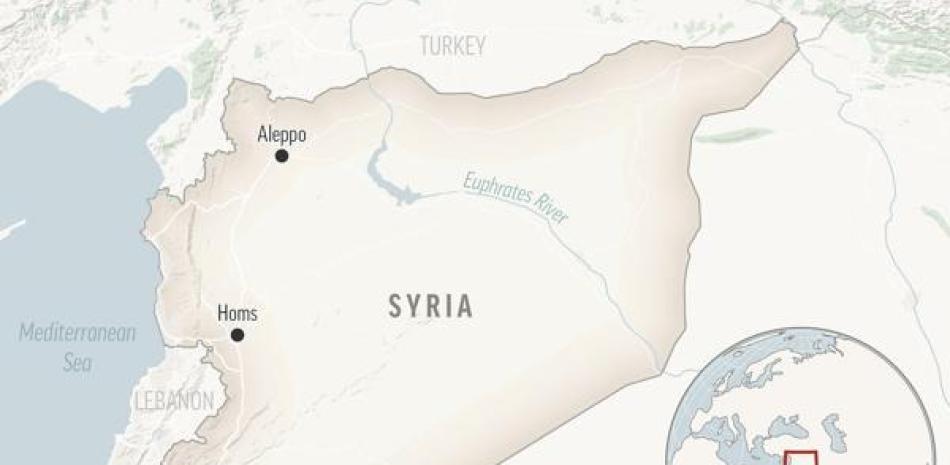 Este es un mapa localizador de Siria con su capital, Damasco. ap