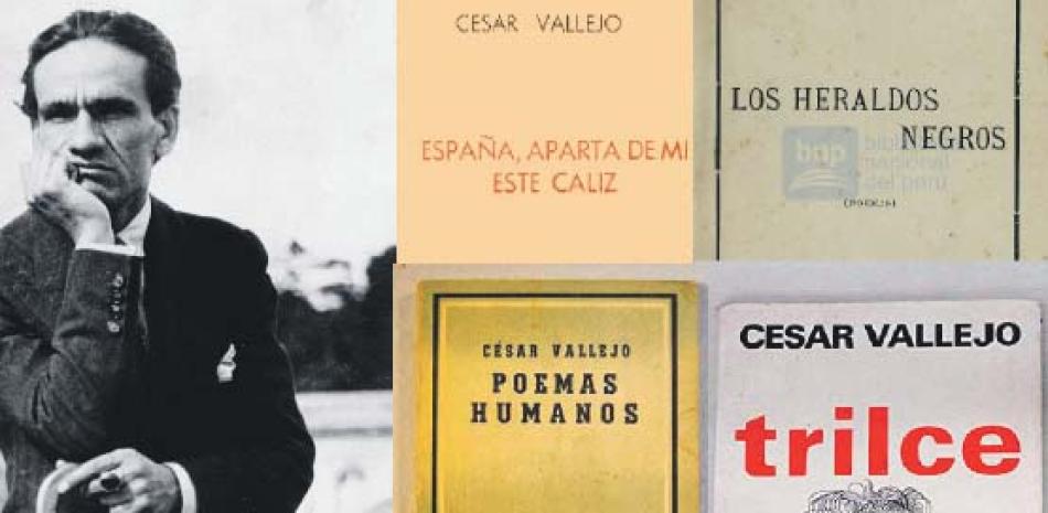 El poeta peruano César Vallejo y algunos de sus libros.