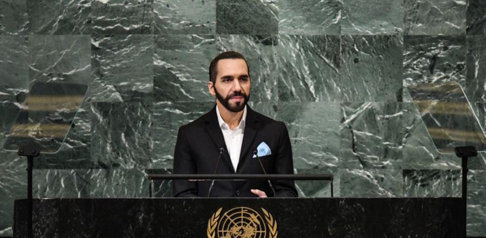 El presidente de El Salvador, Nayib Armando Bukele, se dirige a la Asamblea General de las Naciones Unidas el 20 de septiembre de 2022 en la ciudad de Nueva York. 
STEPHANIE KEITH / GETTY IMAGES NORTEAMÉRICA / Getty Images vía AFP