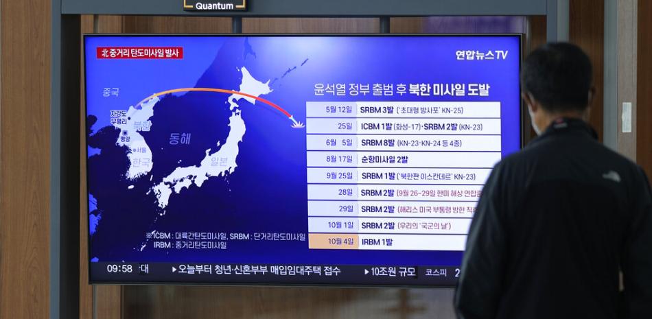 Una pantalla de televisión emite un noticiero donde se reporta el lanzamiento de un misil desde Corea del Norte, en la estación de tren de Seúl en Corea del Sur, el 4 de octubre de 2022. (AP Foto/Lee Jin-man)