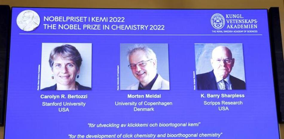 Los tres ganadores del Premio Nobel de química se muestran en una conferencia de prensa en la Real Academia Sueca de Ciencias en Estocolmo, Suecia, el miércoles 5 de octubre de 2022. Los ganadores del Premio Nobel de química 2022 son Caroline R. Bertozzi, EE. UU., Morten Meldal, Dinamarca y K. Barry Sharpless, EE. UU. (Christine Olsson/Agencia de noticias TT vía AP)