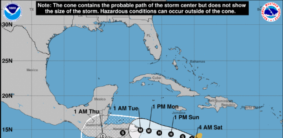 Imagen cedida ayer viernes por la Oficina Nacional de Administración Oceánica y Atmosférica de Estados Unidos (NOAA) a través del Centro Nacional de Huracanes (NHC), en la que se muestra el pronóstico de cinco días del paso de la tormenta tropical Julia. 

Foto: EFE/NOAA-NHC