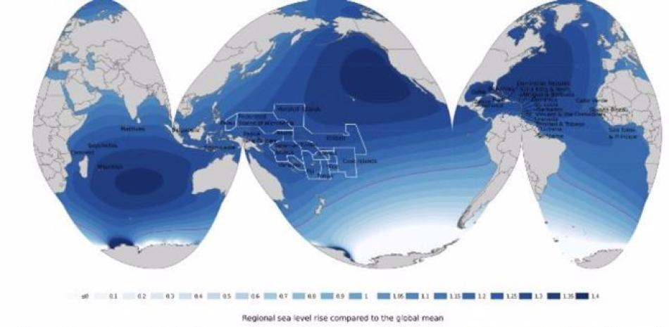 La distribución espacial de la contribución antártica al aumento del nivel del mar en 2100 (en relación con 2000) en uno de los escenarios de emisiones intermedias del IPCC. - EARTH'S FUTURE (2022).