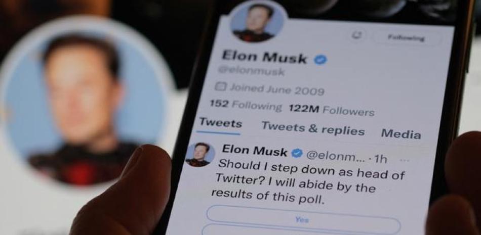 Ilustración fotográfica tomada el 18 de diciembre de 2022 en Los Ángeles muestra un teléfono en el que aparece la página de Twitter de Elon Musk en la que realiza una encuesta sobre su futuro al frente de la compañía. Fuente: AFP.