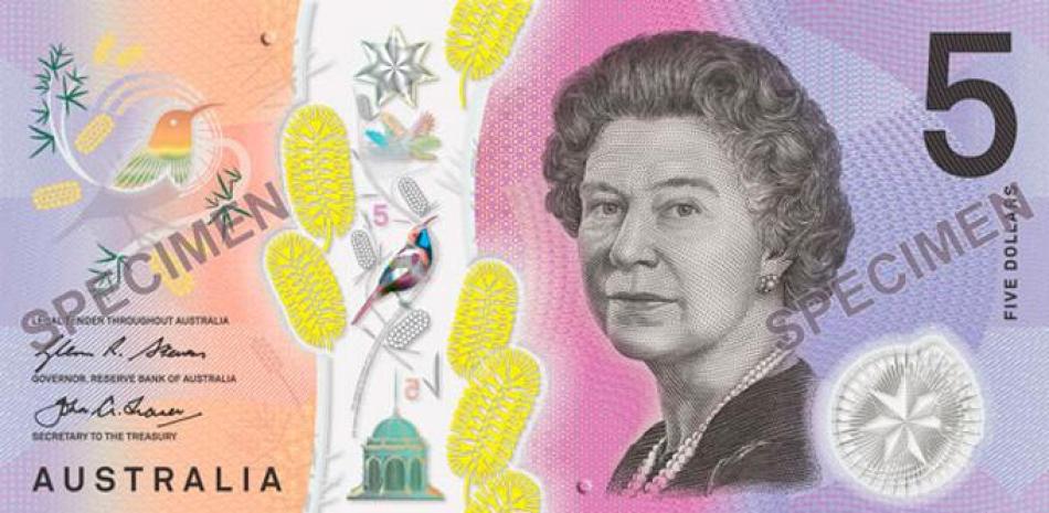 Billete de 5 dólares australianos con la imagen de la Reina Isabel II. Foto: Banco de la Reserva de Australia.