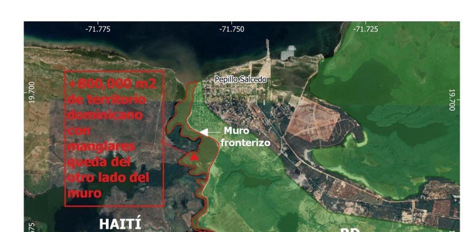 En el mapa se puede apreciar la zona intervenida con la construcción del muro. © Coalición para la defensa de las Áreas Protegidas.