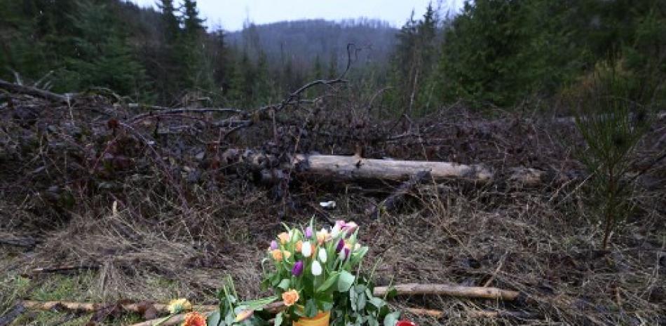 La fotografía tomada el 14 de marzo de 2023 en Freudenberg, Alemania occidental, muestra un monumento improvisado con flores y velas colocado en el sitio donde se encontró el cuerpo de una colegiala asesinada. AFP