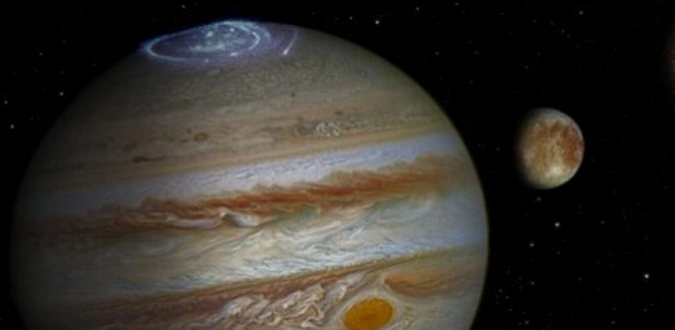 Imagen artística de una sonde acercándose al sistema de Júpiter y sus satélites naturales. Nasa