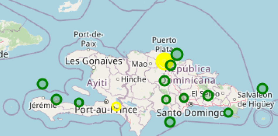 El mapa muestra los temblores ocurridos en la Isla Española en las últimas horas