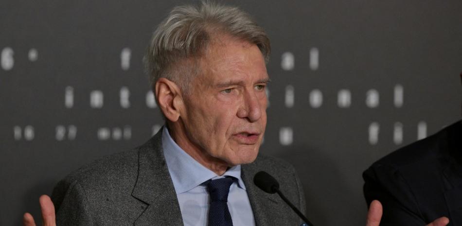 US actor Harrison Ford speaks during a press conference for the film "Indiana Jones and the Dial of Destiny" at the 76th edition of the Cannes Film Festival in Cannes, southern France, on May 19, 2023.